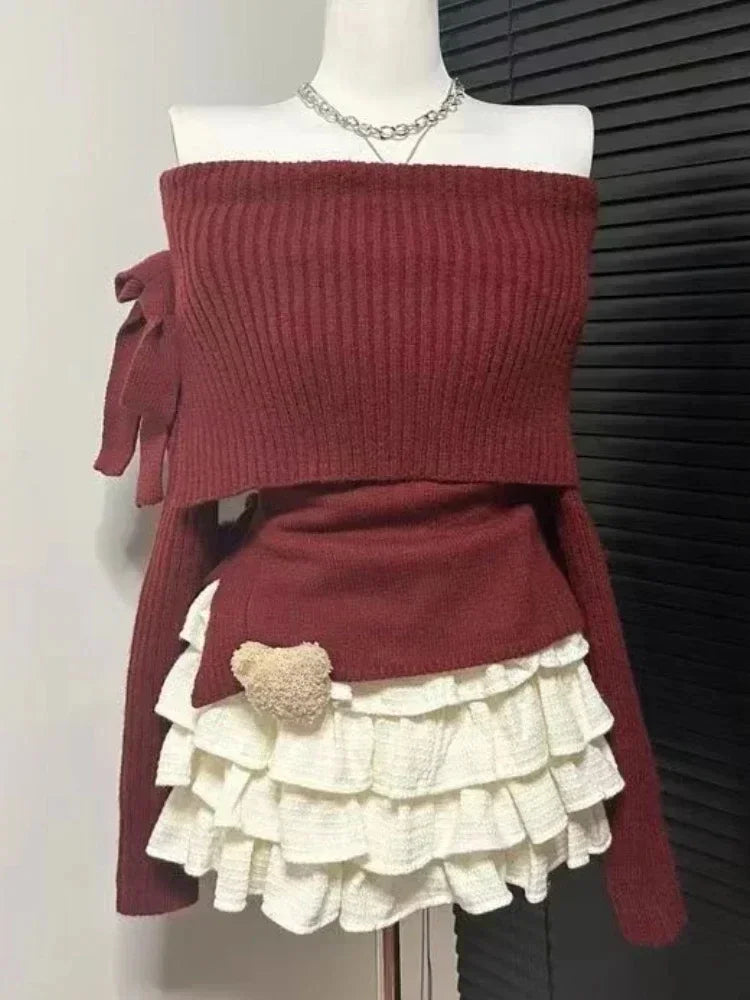 JazzHer Winter Kawaii Sweet 2 Piece Set Woman Off Shoulder Bow Knitted Tops + Mini Cake Skirt Female Korean Fashion Casual Suit 2025 New