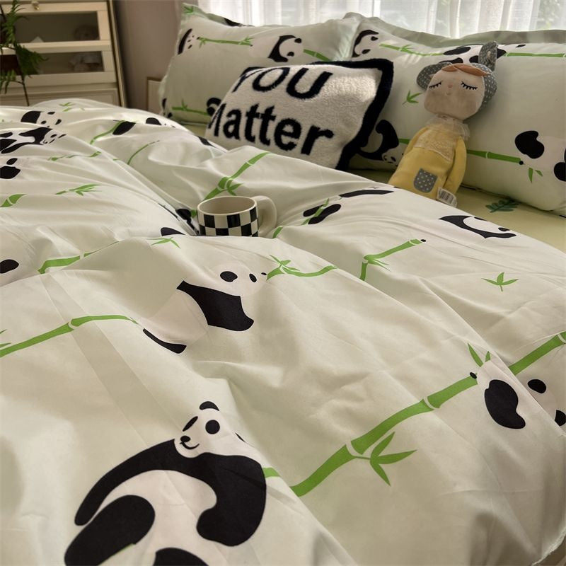 JazzHer Chinese Cute Panda Bedding Set Cartooon Bamboo Pattern Quilt Cover Sheets Full Size For Kids Adults Home Textile Soft Polyester