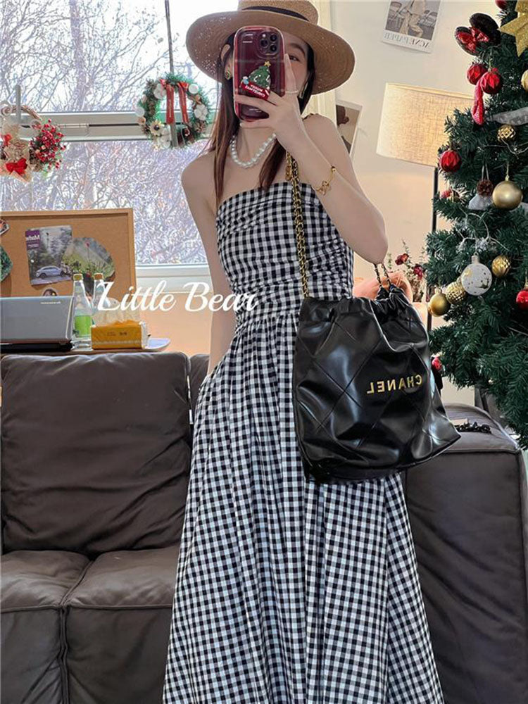 JazzHer Vintage Plaid Dress Women Korean Elegant Tube Top Folds Midi Dress Summer Holiday Beach Y2K All Match Female Vestidos
