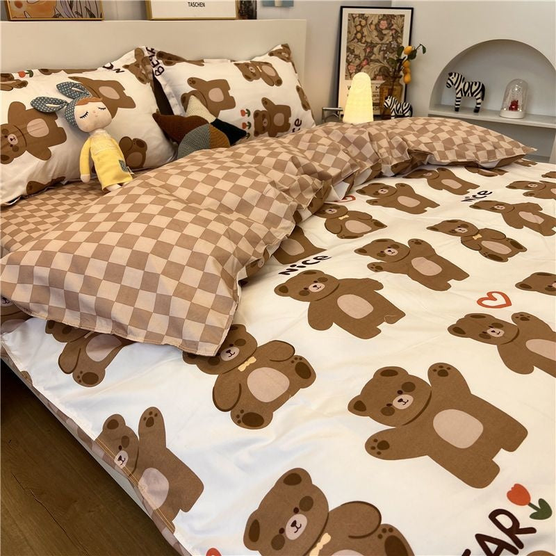 JazzHer Cute Bear Bedding Set Cartoon Floral And Animal Duvet Cover Blue Flat Sheet Soft Polyester Kawaii Queen Full Size Bed Linen