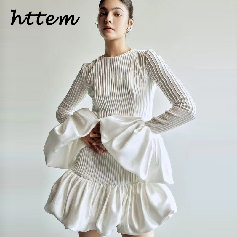 JazzHer Elegant Ruffles Mini Dress Women Slim Ribbed O-neck Flare Sleeves Female Party Dresses 2024 Autumn Lady Solid Evening Robes New