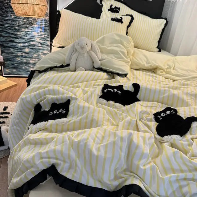 JazzHer Korean Style Bedding Set Green Strip Black Cat Embroidery Washed Cotton  Duvet Cover Cute Cardboard  Bed linen Comforter Sets