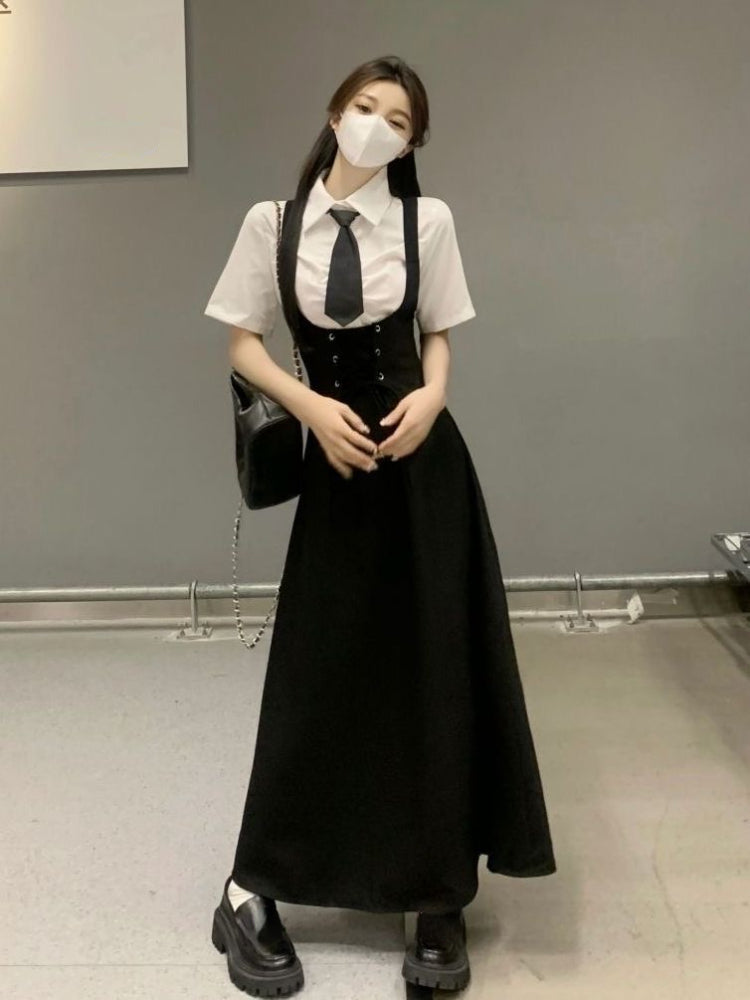 JazzHer 2025 Autumn Preppy Style 2 Piece Dress Set Women Casual Simple Shirt + Elegant Sleeveless Strap Dress Korean Fashion Dress Suit