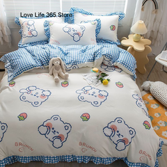 JazzHer Cute Bear Printed Bedding Set Ins Solid Color Linen And Duvet Cover With Pillowcases Single Double Full Size For Kids Adults