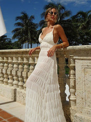 JazzHer Sexy Deep V-neck Women Maxi Dress Spaghetti Strap Pleated High Waist Lace Up Dresses Female Spring Elegant Holiday Beach Robes