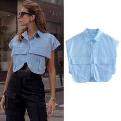 JazzHer Ladies Cropped Shirt Button Blouse Shirt Women Elegant Short Sleeve Crop Top Woman Office Outfits Shirts Blusas Top Female