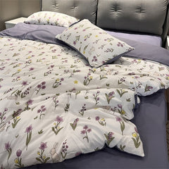 JazzHer Ins Purple Flower Bedding Set Washed Cotton Bed Sheet Pillowcase Quilt Cover Simple Kids Adult Floral Duvet Cover No Filler