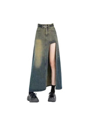 christmas outfit JazzHer Women's Blue A-line Denim Skirt with Slit Vintage Aesthetic Y2k Jean Skirt Harajuku Korean Long Skirt 2000s Clothes Summer 2025