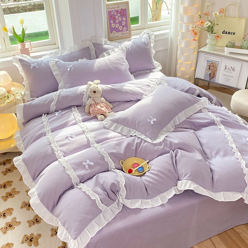 JazzHer Kawaii Korean Bedding Sets No Filling Ins Princess Style Lace Bow Duvet Cover Fitted Sheet Girl Woman Home Bedroom Bed Linens