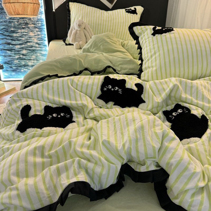 JazzHer Pink Striped Cat Embroidery Bedding Set Korean Style Washing Cotton Cute Cardboard Duvet Cover Bed Sheet Pillowcases 3/4pcs