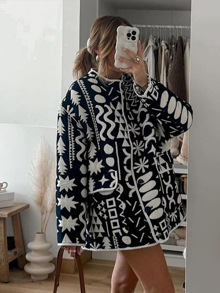 JazzHer Chic Print Quilted Coat Women Loose O-neck Single-breasted Pocket Long Sleeve Female Jacket 2024 Autumn Lady High Street Outwear