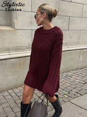 thanksgiving outfit JazzHer Vintage Burgundy Sweaters Top Women Casual Oversized O-neck Long Sleeve Pullovers 2024 Autumn Fashion High Street Knitwears Lady