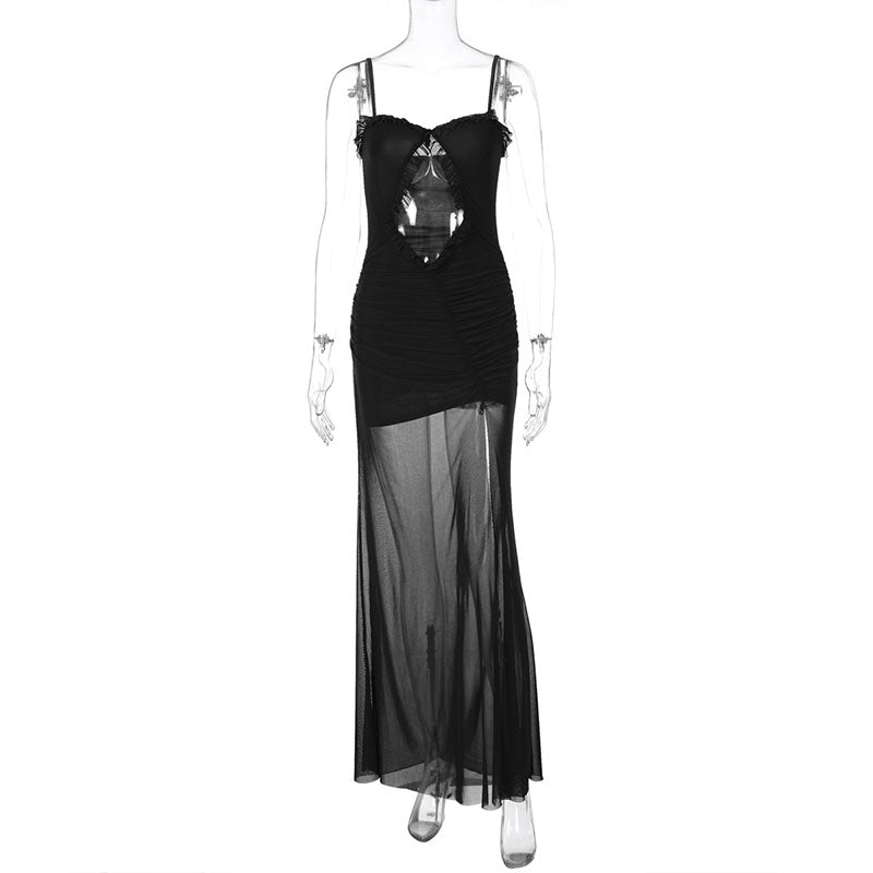 JazzHer Sexy Hollow Out Ruched Split Mesh Dresses Women Spaghetti Strap High Waist Backless Dress 2025 Summer New Beach Party Robes