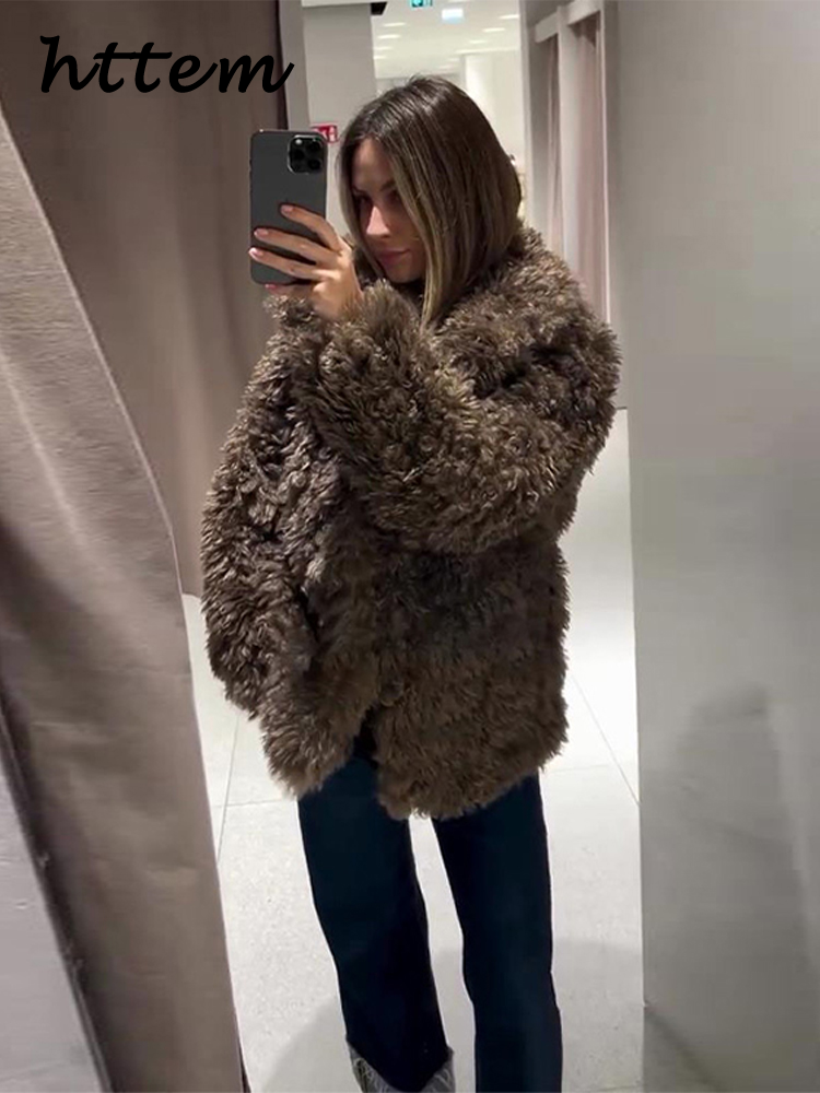 JazzHer Vintage Women's Fluffy Fur Coat Loose Lapel Long Sleeve Female Furry Jacket 2024 Autumn Winter Lady Street Solid Thicken Outwear