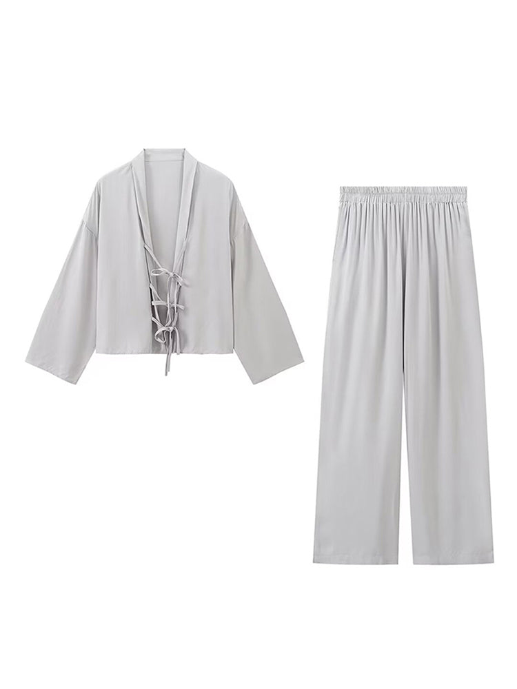JazzHer Solid Shirt Pants Sets Women Casual  V Neck Lace Up Long Sleeve Female Tops Suits High Waist Wide Leg Pant 2025 New Lady Outfits