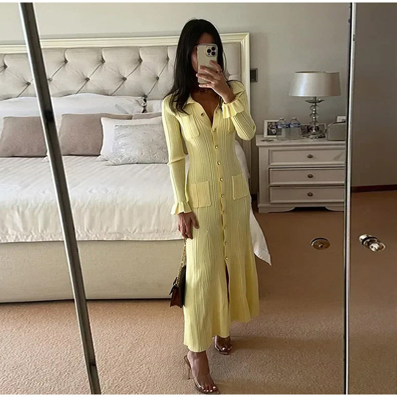 JazzHer Elegant Knit Maxi Straight Dress Women Slim Lapel Single Breasted Pockets Long Sleeve Dresses 2024 Summer Lady Casual Solid Gown