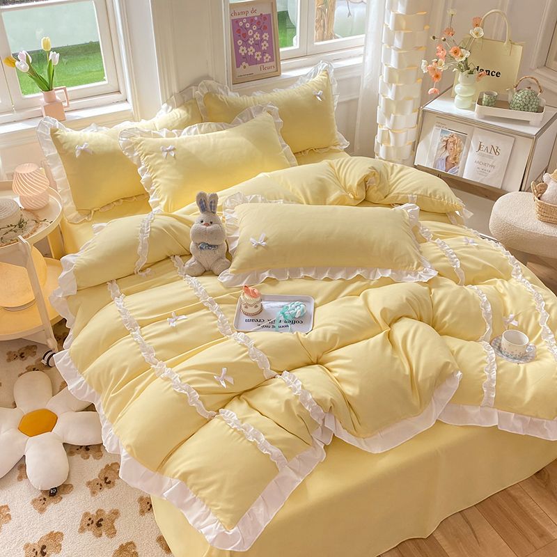 JazzHer Kawaii Korean Bedding Sets No Filling Ins Princess Style Lace Bow Duvet Cover Fitted Sheet Girl Woman Home Bedroom Bed Linens