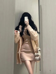 JazzHer 2025 Japanese Sweet Knitted Dress Suits Women Casual Hooded Sweater Cardigan + Y2k Slim Sexy Strap Dress Elegant 2 Piece Set New