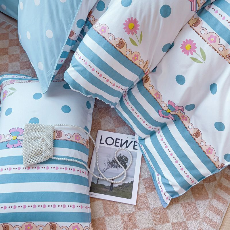 JazzHer Ins Blue Stripe Duvet Cover Set Soft Flat Sheet Quilt Cover Pillowcase Bed Linen Twin Queen Full Size Floral Bedding Set