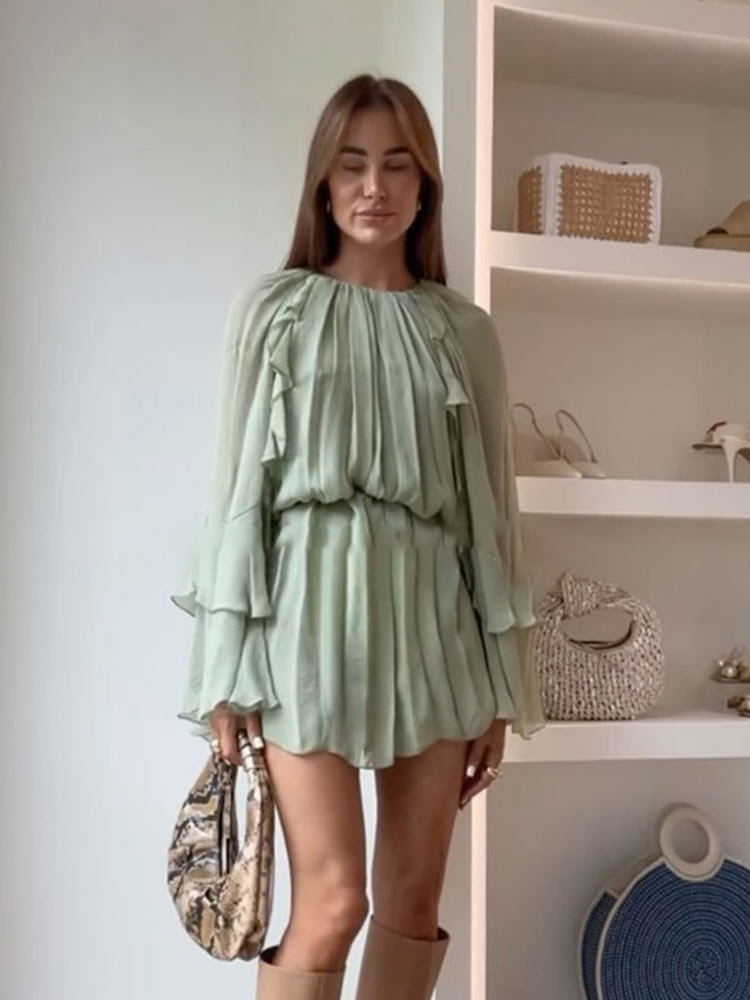 JazzHer Chiffon Green Ruffles Mini Dresses Women Elegant Long Sleeve A Line Beach Robe Fashion Lady Ruffles Holiday Summer Party Vestido
