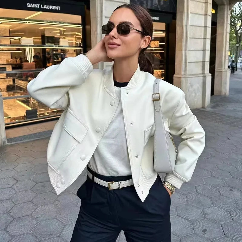 JazzHer woman bomber jacket coat White autumn winter button baseball aviator cropped jackets for women long sleeve crop outerwear