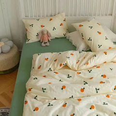 JazzHer Korean Style Bedding Set Twin Queen Size Cute Cream Cherry Duvet Cover Flat Sheet Pillowcase Polyester Boys Girls Bed Linen