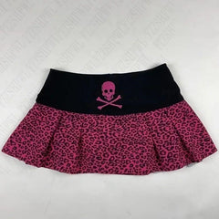 JazzHer Y2K Vintage Fashion high-waisted pleated skirt for women Cute pink skull Mini skirt for Street slim-fit A-line Hot Girl skirt