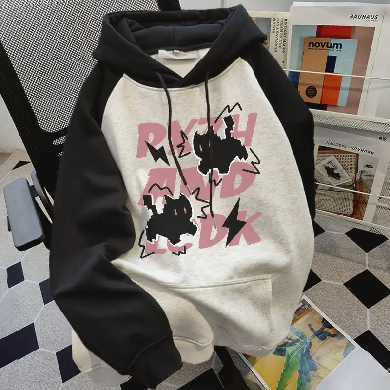 JazzHer Streetwear Hoodie Women Clothing 2025 Cartoon Print Hooded Contrast Color Fashion Sweatshirts Ropa Mujer Casual Y2k Hoodies Tops