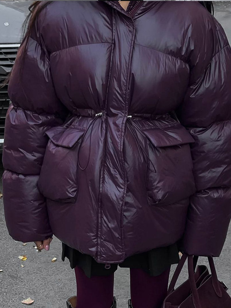 JazzHer Winter Chic Burgundy Women's Padded Cotton Jackets Fashion Stand Collar Zipper Pockets Warm Coats 2024 Female Thicken Streetwear
