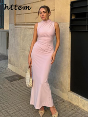 JazzHer Elegant Pleated Long Dresses Women Bodycon Sleeveless Half High Collar Back Split Long Dress 2024 Summer Lady Pink Party Robes