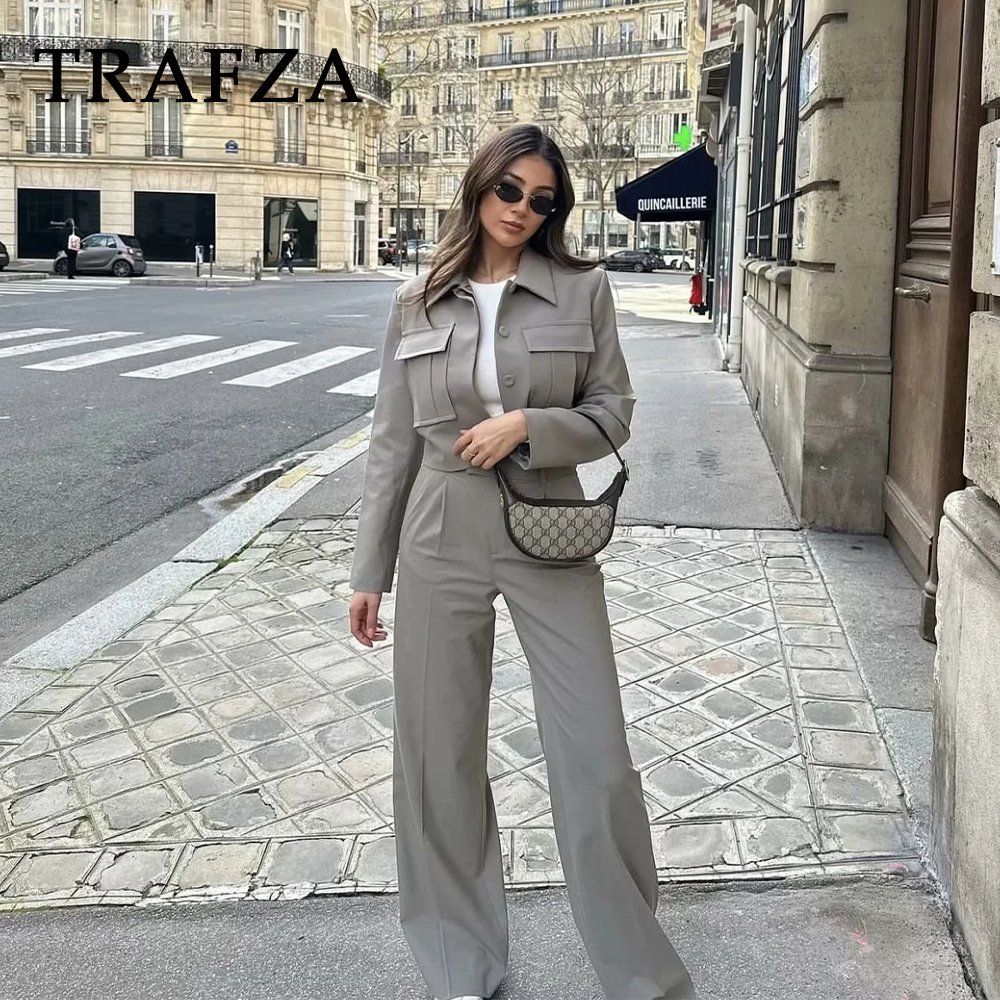 cold weather outfits JazzHer 2024 Spring Summer Casual Women Solid Suits Fashion Streetwear Pockets Turn-down Collar Short Jackets+Chic Wide leg pants