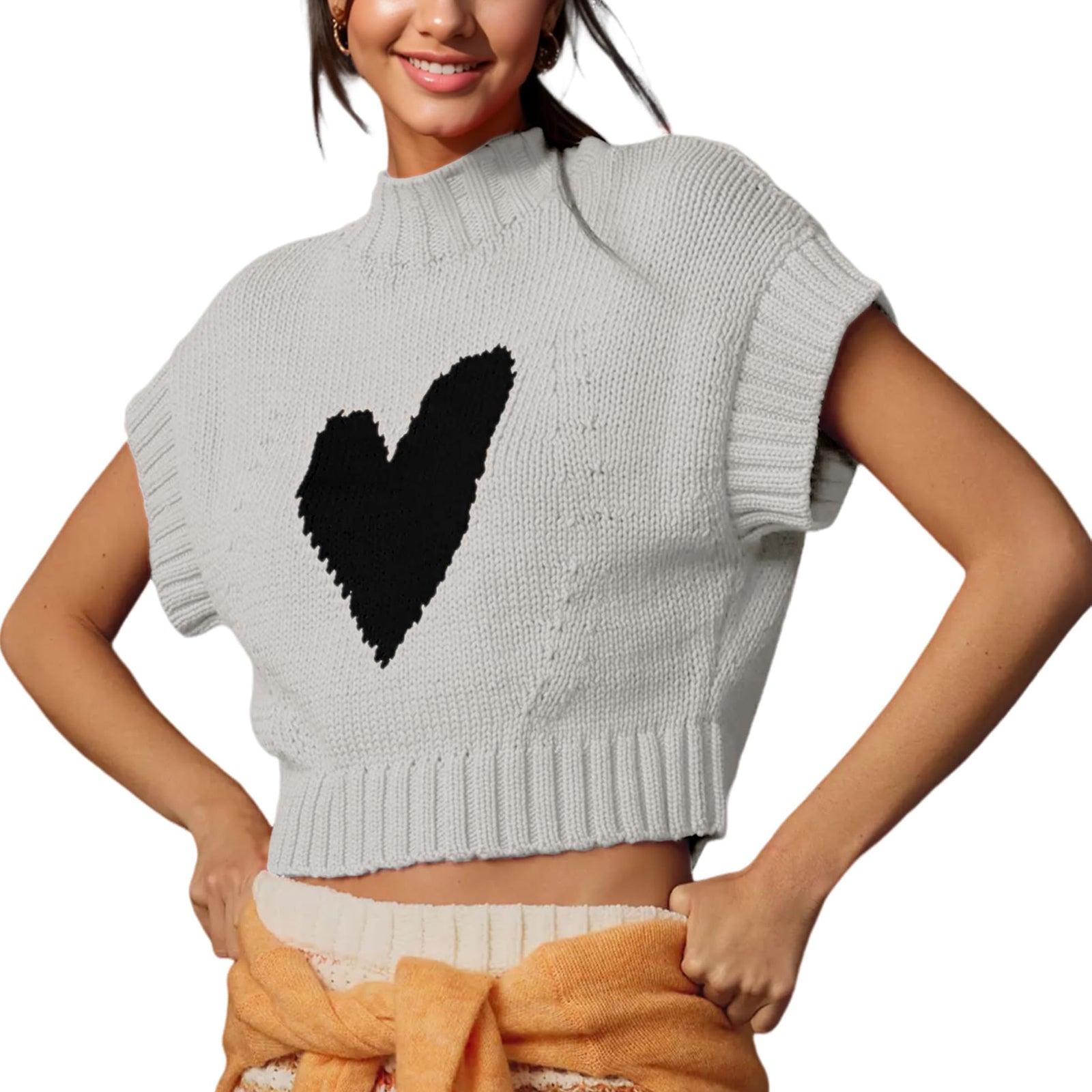 thanksgiving outfit JazzHer Womens Short Sleeve Sweater Heart Mock Neck Crop Knitted Tops Casual Streetwear for Daily Office Party