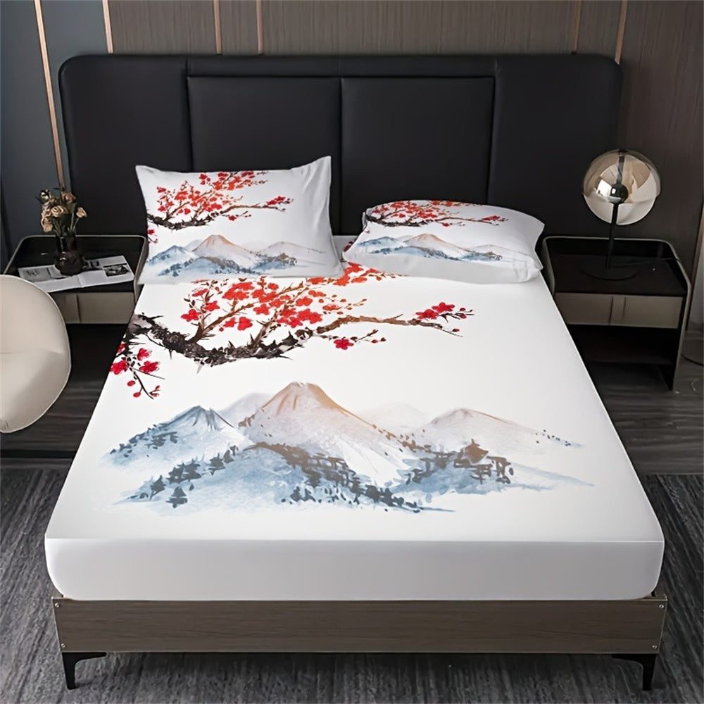 JazzHer Chinese Style Fitted Sheet Set Ink Painting Plum Mountains Print Mattress Covers Soft Breathable Bedding Set With Deep Pocket