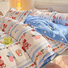 JazzHer Ins Cartoon Rabbit Duvet Cover Set Soft Blue Flat Sheet Quilt Cover Pillowcase Bed Linen Twin Queen Full Size Floral Bedding Set