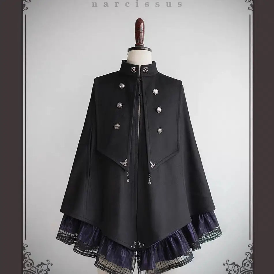 JazzHer Japanese Women Clothing Autumn Winter Women's Cape Windbreaker Coat Gothic Stand Collar Double-breasted Harajuku Cloak Jacket