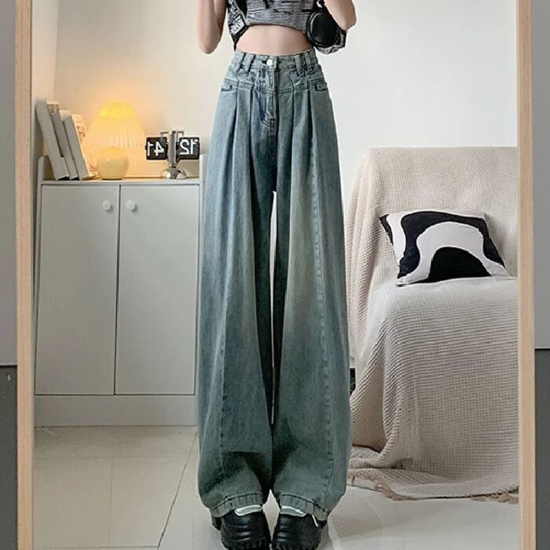 JazzHer Vintage Wide Leg Jeans Women Casual High Waist Loose Straight Denim Pants Korean Fashion Chic Pleated Trousers Female