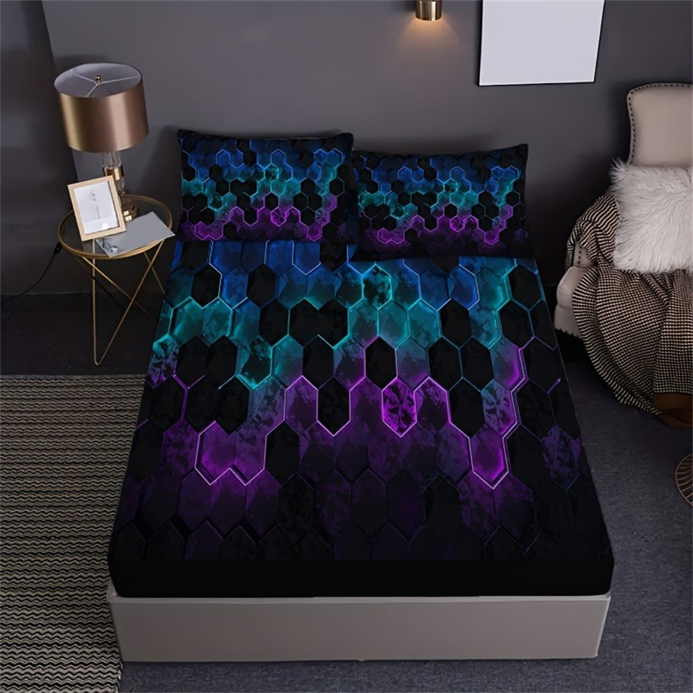 JazzHer Fashion Cell Geometric Print Fitted Sheet Set Mattress Cover Bedding Soft Breathable Bedding Set with Deep Pocket for Bedroom