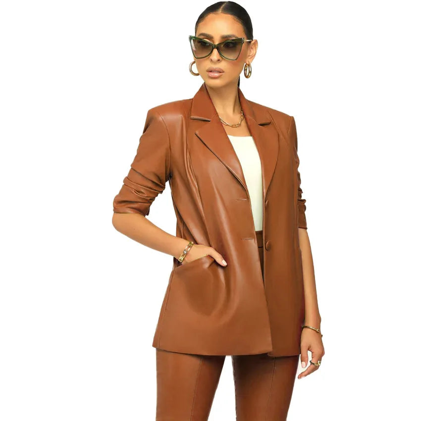 cold weather outfits JazzHer Women's Slimming Lapel PU Leather Suit Jacket Skirt Set Professional Style Independent Station WISH Explosion Model Autumn Winte