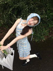 JazzHer 2000s Vintage Blue Plaid Fake Two Piece Dress Women Casual Retro Y2k Mini Dress Summer 2025 Japanese Fashion Sweet Cute Dress