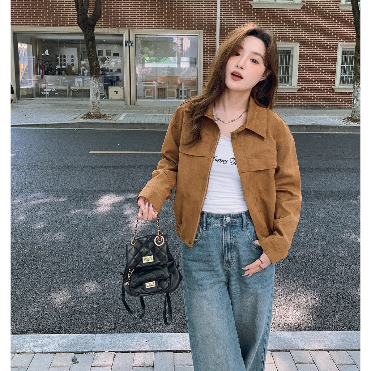 cold weather outfits JazzHer Coffeechamois Leather Chic Jacket 2024 Autumn New Simple Style Blogger Ins Sense Fresh Top Loose Fit Short Outerwear