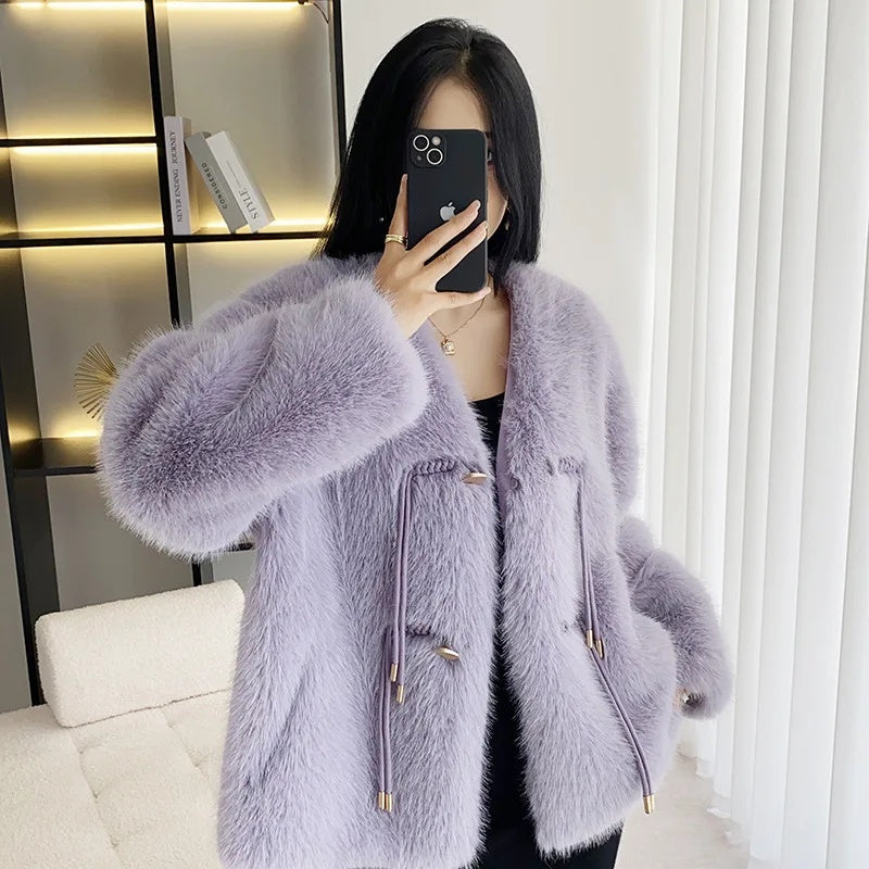 cold weather outfits JazzHer Elegant Solid Color V-Neck Leather Jacket For Women 2024 New Design Sensibility Fuzzy Top In China Mainland Origin