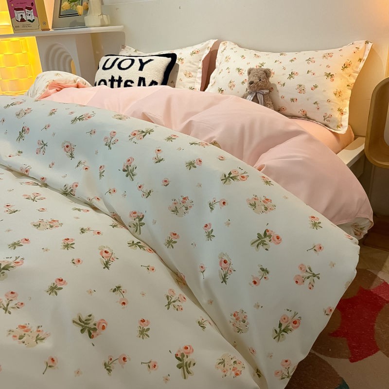 JazzHer Ins Bedding Set Cream Green Floral Twin Queen Size Duvet Cover Flat Sheet Pillowcase No Filler Girl Boy Gift Home Bed Linens