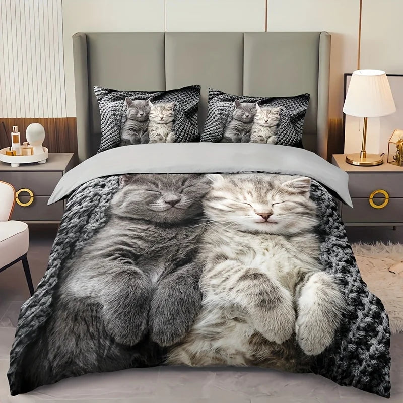 JazzHer 3pcs Cat Animal Duvet Cover Set 3D Cute Pet Cat HD Printing Bedding For Home Dorm