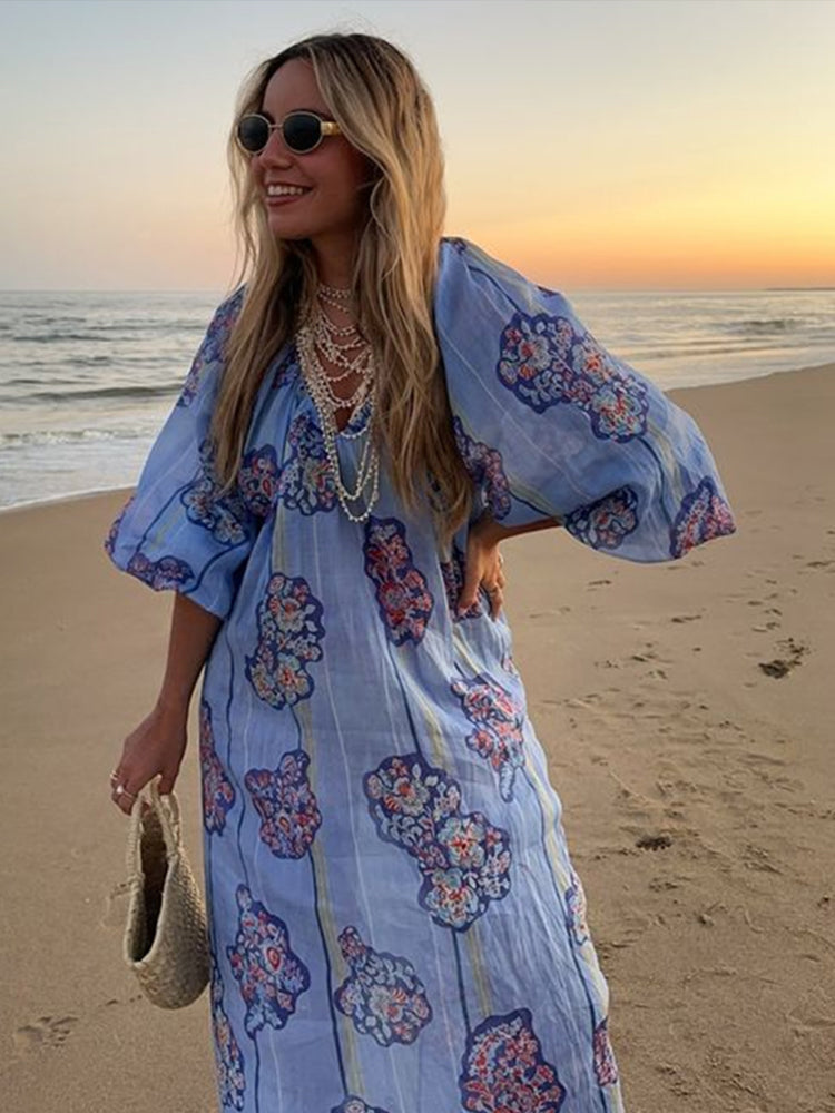 JazzHer Loose Striped Print linen Maxi Dress Women Fashion V-neck Lantern Sleeve Female Holiday Dresses 2024 Summer Lady Beach Robes New