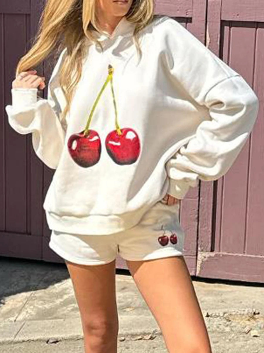 thanksgiving outfit JazzHer New Fashion Women Hoodie Long Sleeve Cherry Print Hooded Sweatshirt Pullover Fall Casual Tops Club Street Style S M L