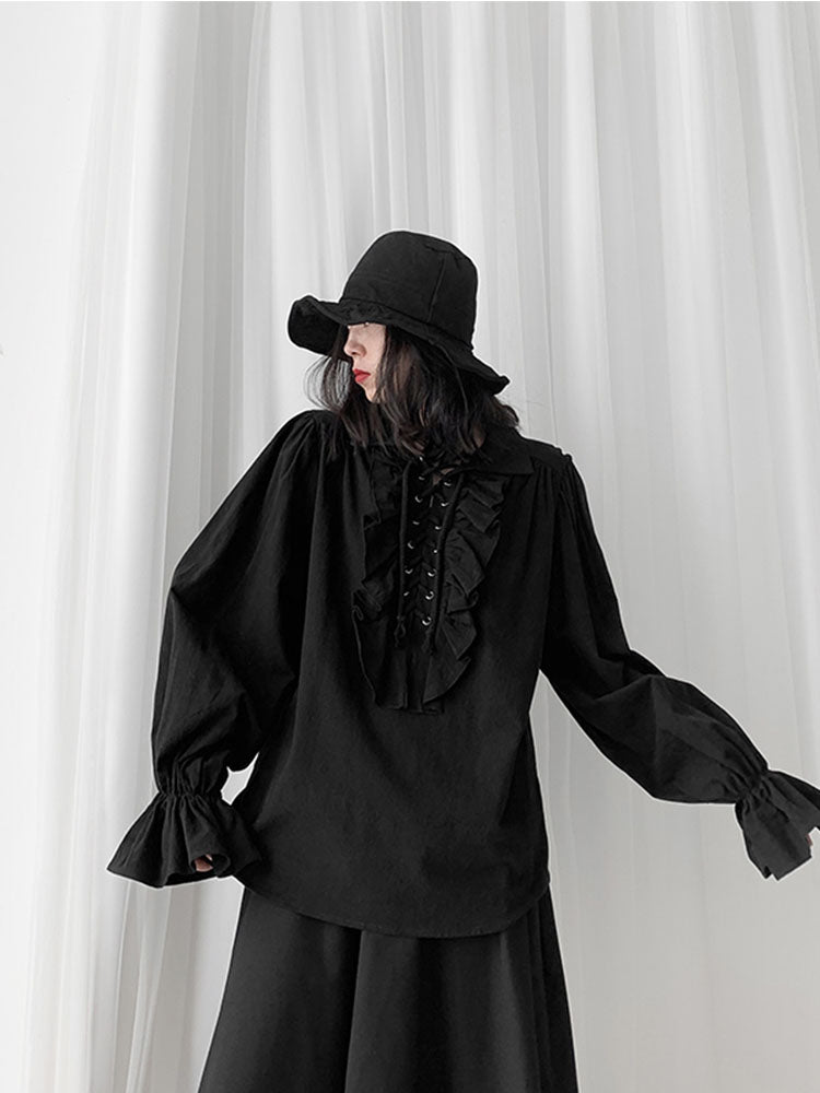 christmas outfit JazzHer Fall Fashion Vintage Gothic Shirt Women Flare Sleeves Ruffles Oversize Club Party Evening Girl Lolita Black Blouse V-neck Tops