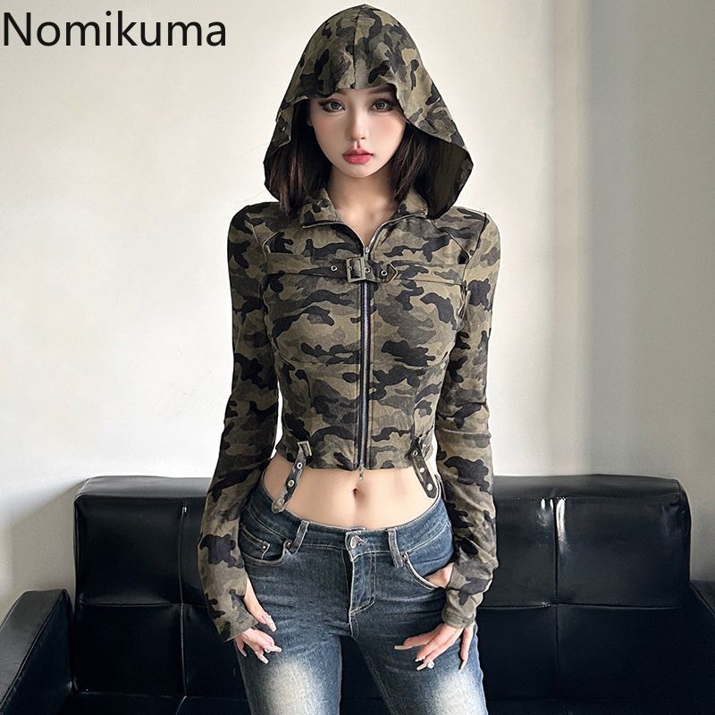 JazzHer Streetwear Retro Camouflage Print Hoodie Women's Clothes Crop Tops Hooded Zipper Y2k Jackets Causal Fashion Crop Sweatshirts