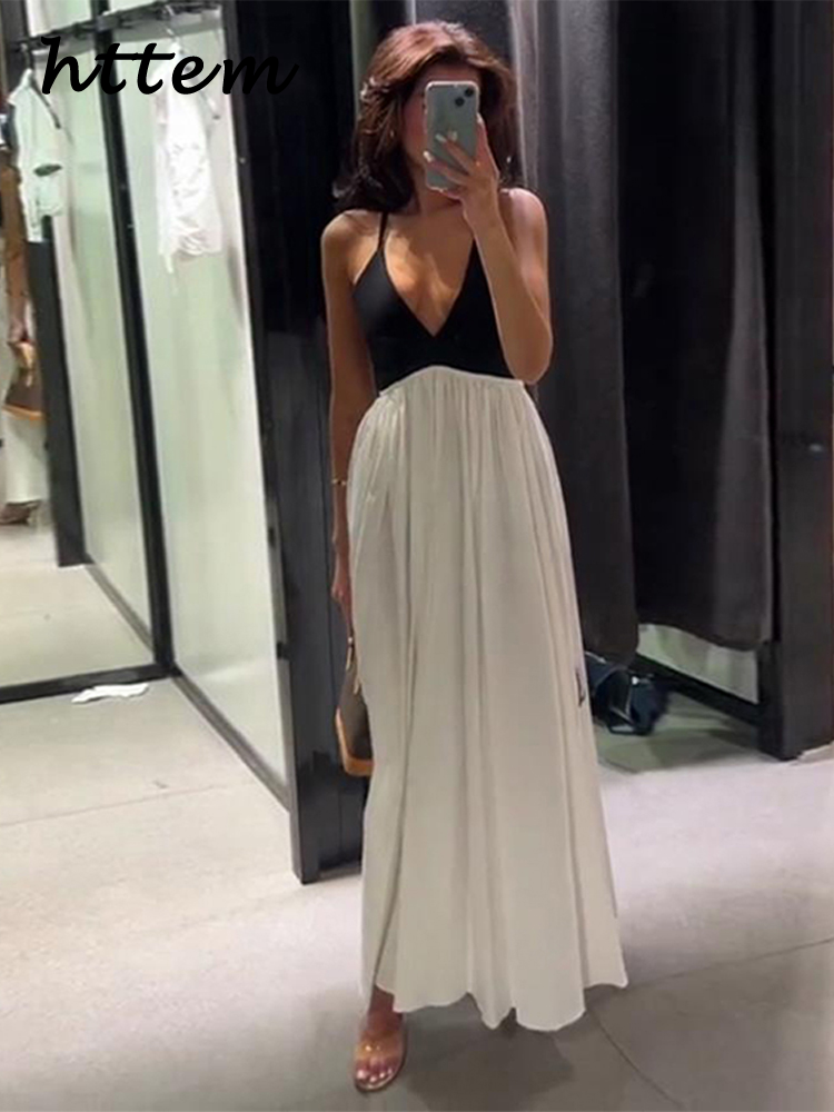 JazzHer Elegant Spliced Sling Long Dress Women Sexy Deep V Neck Backless Sleeveless Contrast Party Dresses 2024 Summer Lady Evening Robe