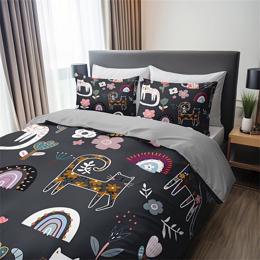 JazzHer 3pcs Cat & Floral Print Bedding Set - Includes 1 Duvet Cover and 2 Pillowcases, Breathable Polyester, Machine Washable - Perfect