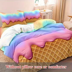 JazzHer 3pcs Vibrant Rainbow Ice Cream Wafer Cone Duvet Cover Set - Soft, Breathable, and Comfortable Bedding for Bedroom, Dormitory